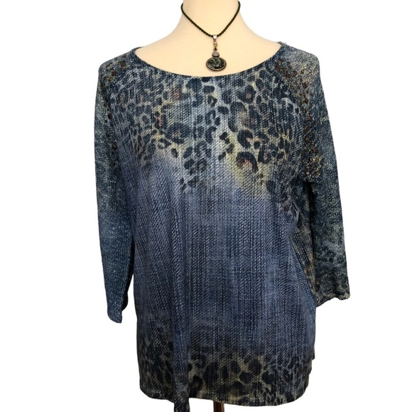 Chico’s Albany Crochet Studded Blue with Green Brown Cheetah Tunic. Size L. EUC - Picture 2 of 11